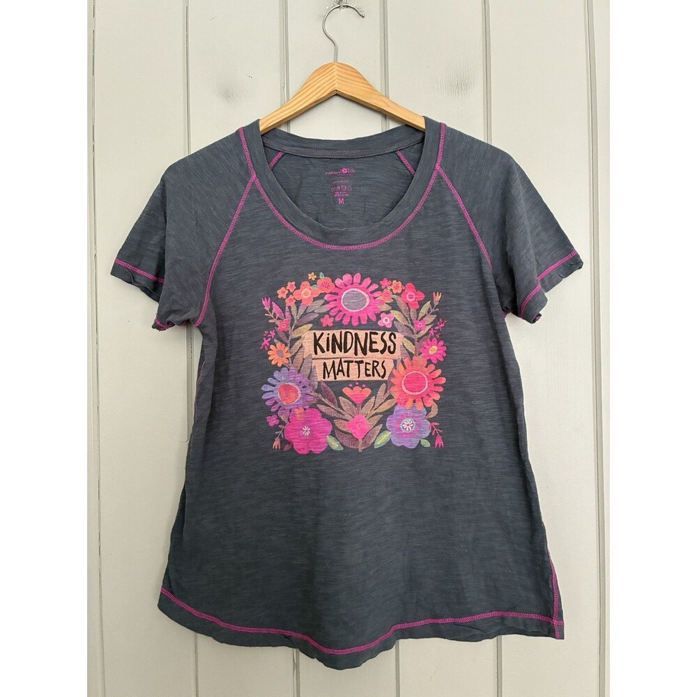 Natural Life Kindness Matters Gray Floral Graphic Tee Pink Stitching M Medium